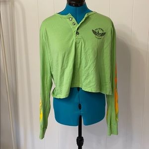 Neon green long sleeve cropped shirt with flames.